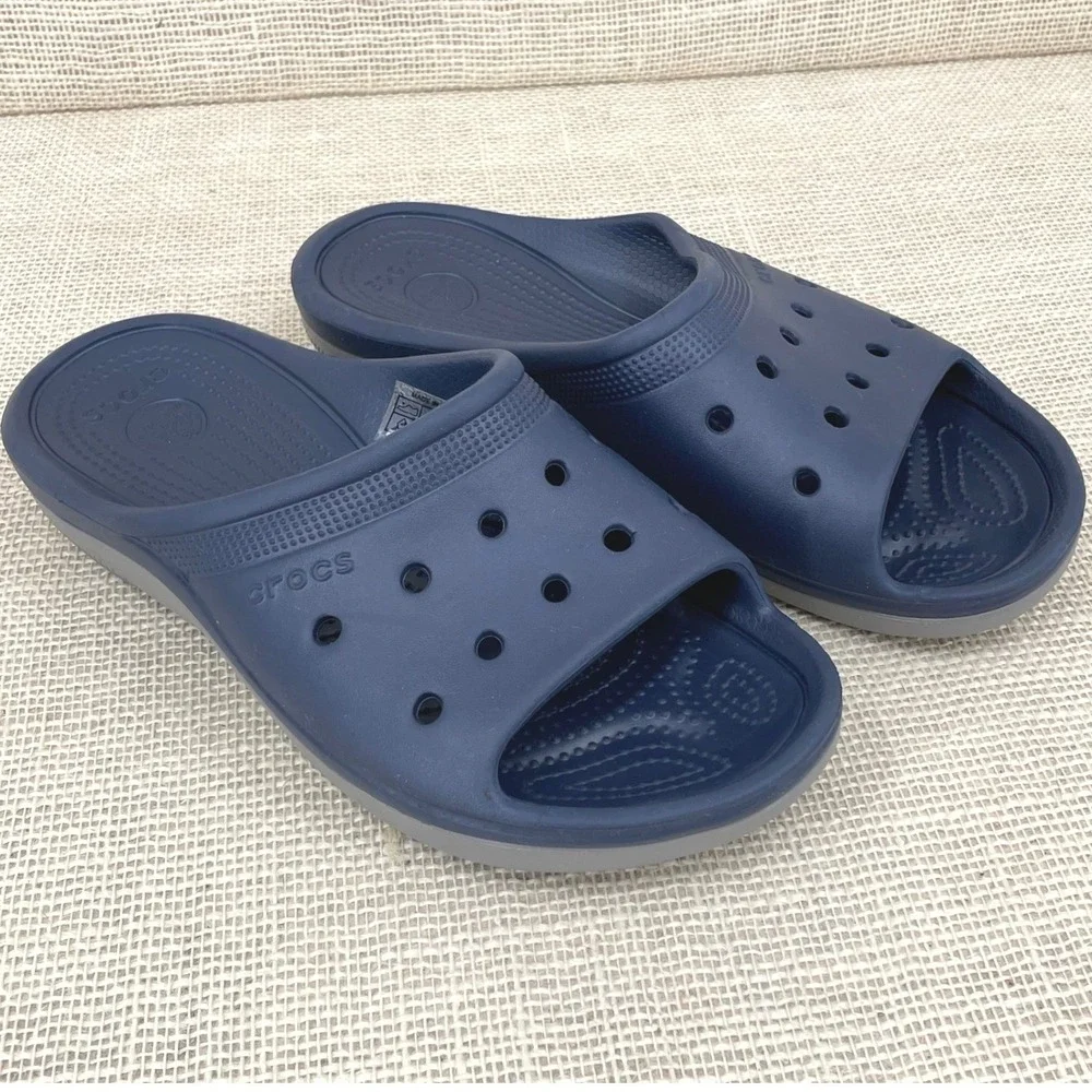 Crocs Classic Slide Navy Blue Grey Mens 9 Womens 11 Sandals 12030